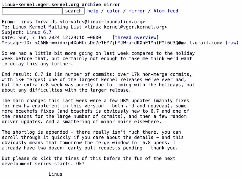 Linux Kernel 6.7已正式发布 合并Bcachefs文件系统